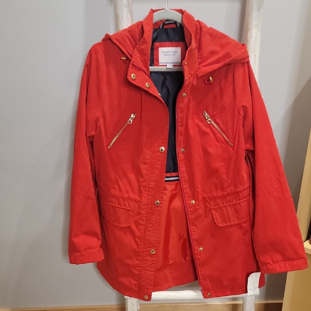 Nautica Vibrant Red Hooded Coat with Gold Details